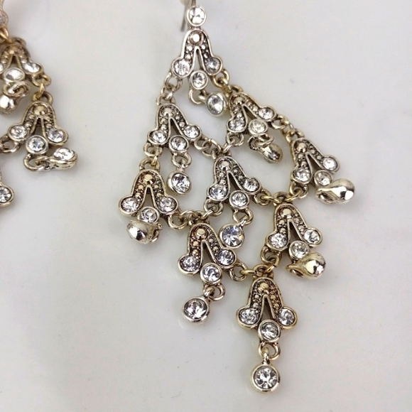 Rhinestone Chandelier Fringe Silver-Tone With Golden Hue Drop Earrings - Picture 8 of 11